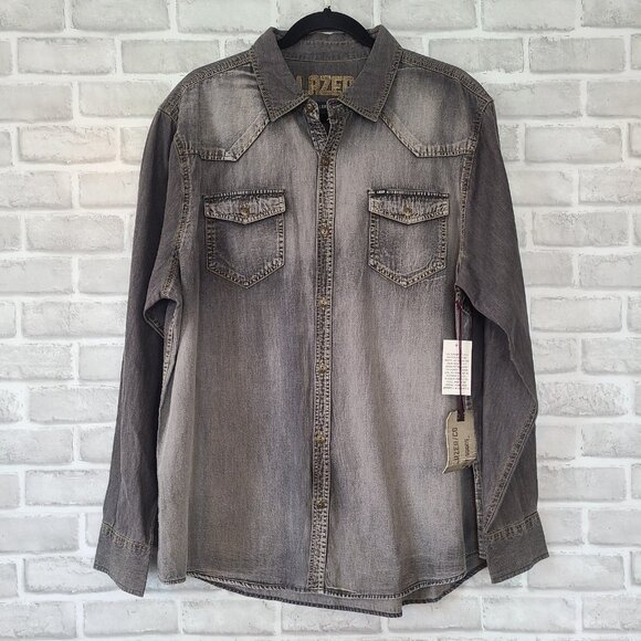 Lazer Charcoal Chambray Lightweight Denim Shirt NEW Mens Lg Western Streetwear - Picture 7 of 8